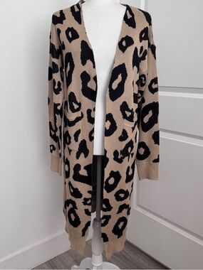 Beige and Black Leopard-Print Long lined Open-Front Cardigan